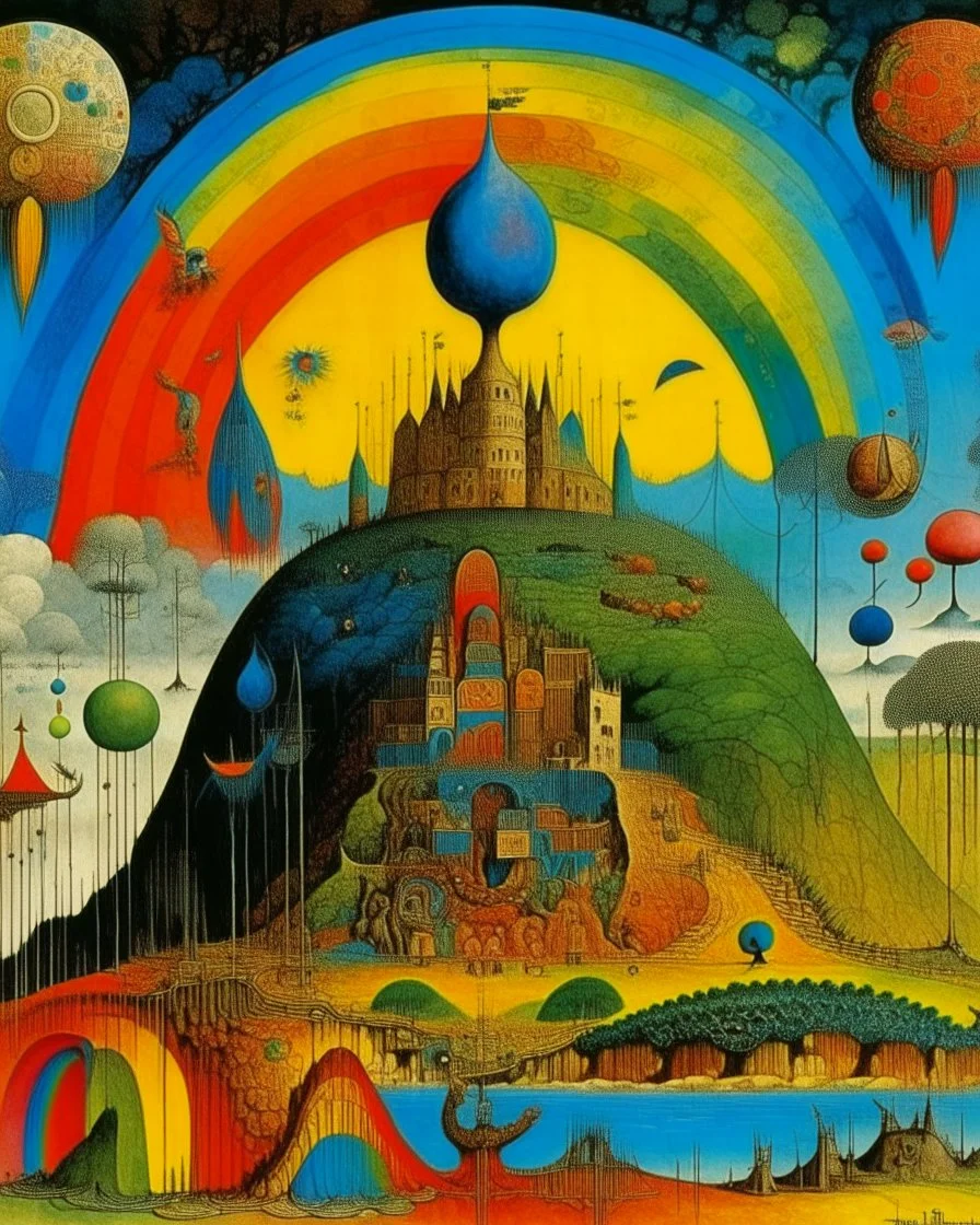 A rainbow kingdom with elements, tactics, and biology painted by Max Ernst