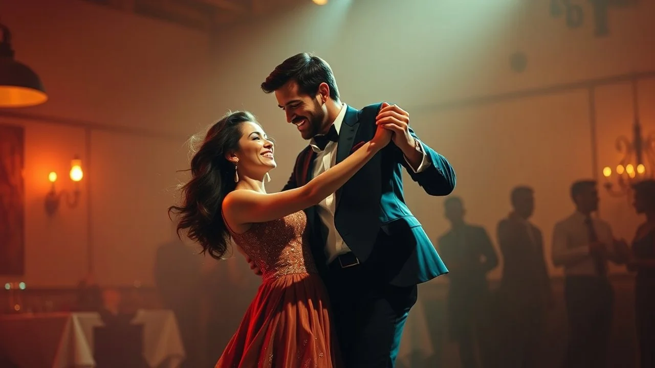 Man and woman in their thirties dancing swing, Art