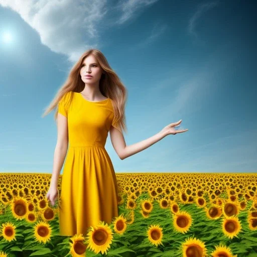 woman standing in sunflower field, back, windy, long brown hair, yellow dress