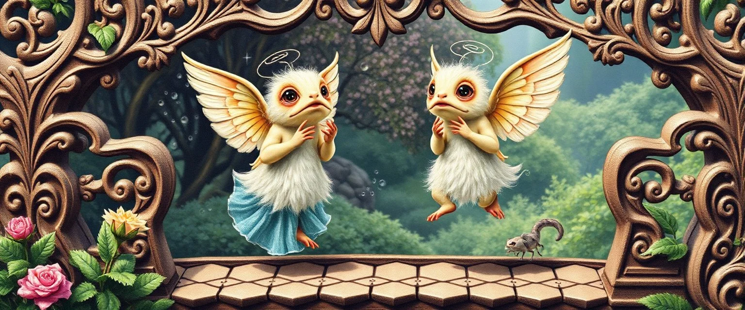 sacred geometry embroidered patterns, two totally symmetric fluffy angel gremlin slug nice cheerleader singing on ornate carved bridge in garden , full body portrait T-pose strong aura, oil painting and air brush, in swing, water spirits in the air