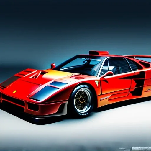 fullbody Drawing of ' one Ferrari F40',extremely modded,intricate detail,andrea bonelli,Kilian Eng,Ohrai,evan lee,three quarters frontal aerial view,toned colors,16k