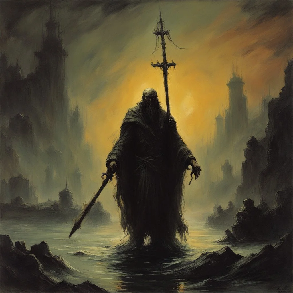 the Ferryman is guiding you the way tonight, moribund blasphemous heretics, (by Ted McKeever:1.4) and by Frank Frazetta and Gustav Dore, brooding horror art, warm colors, unsettling, grand, dramatic, Charon, album cover