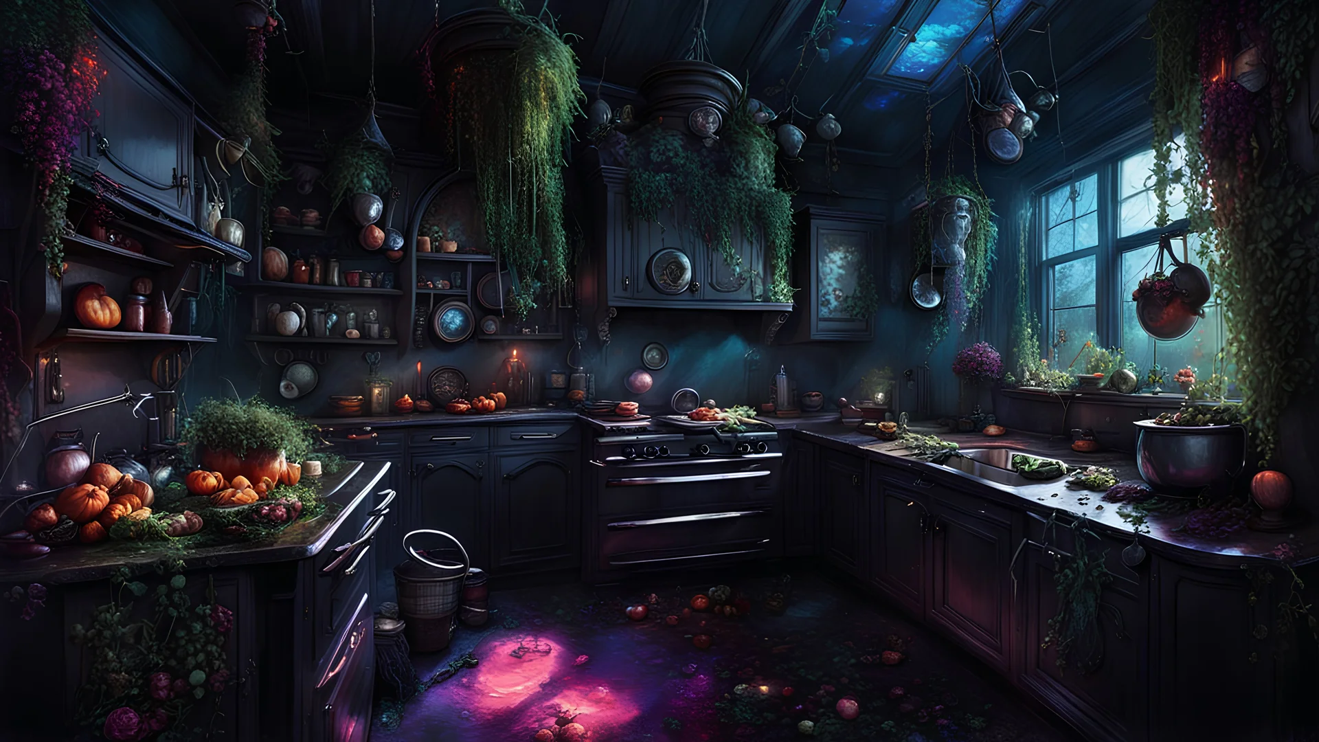 A gritty, full-body shot of an insatiably evil black opal iridescent pearlescent dark witchy kitchen with herbs and flowers and ivy hanging from the ceiling and walls, colorful macabre, Dariusz Zawadzki art style, liminal spaces, horror art, dark gaming background, wet, glossy, horror art, trypophobia, eerie, intricate details, HDR, beautifully shot, hyperrealistic, sharp focus, back lit, 64 megapixels, perfect composition, high contrast, cinematic