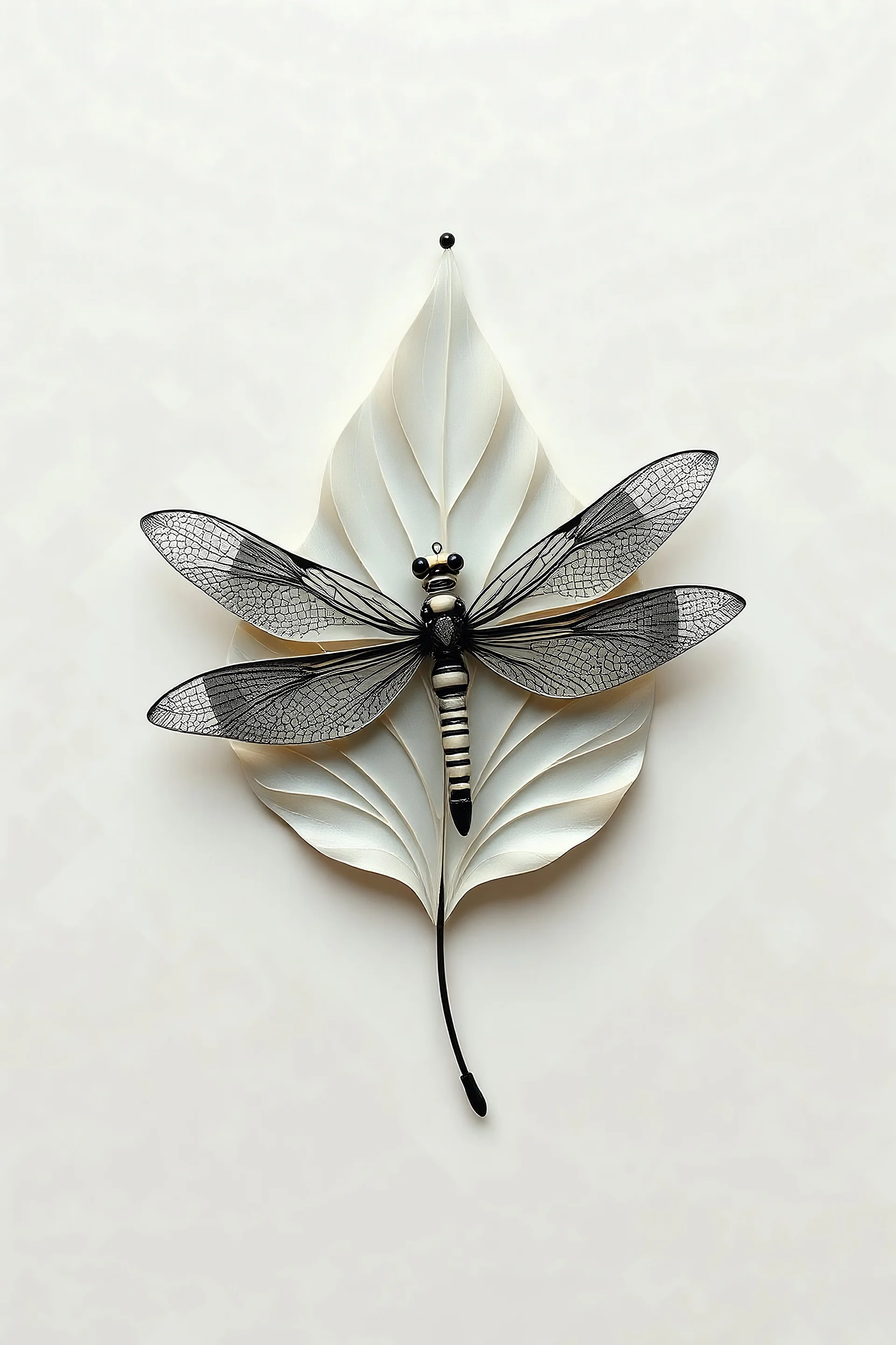 Craft a combination futuristic of a leaf, and dragonfly in shades of ivory and black.