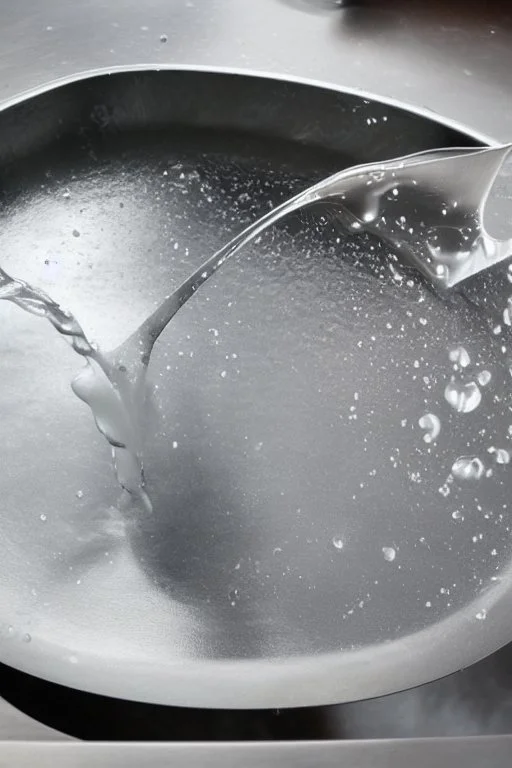 in focus, a jet of water flows into a spoon and splashes everywhere in a sink tray