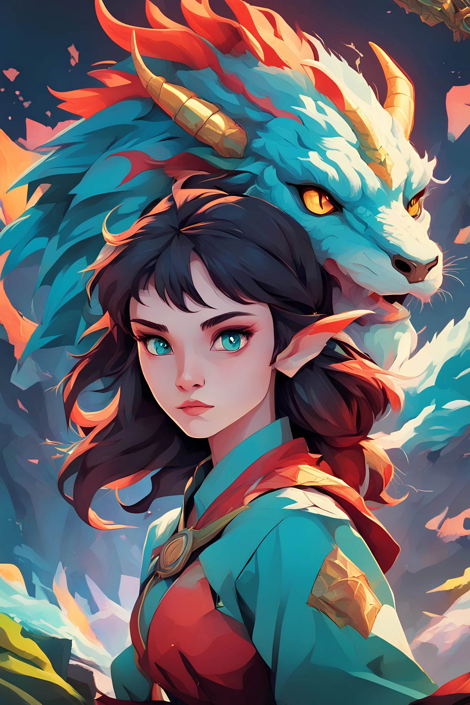 A dragon mixed with a mythical lion and a human female elf. Dramatic and powerful look and feel. Extensive attention to details. Bold lines. Vivid colors. 80s style retro anime art. Double exposure. cartoon style. cubism style. high resolution, full details