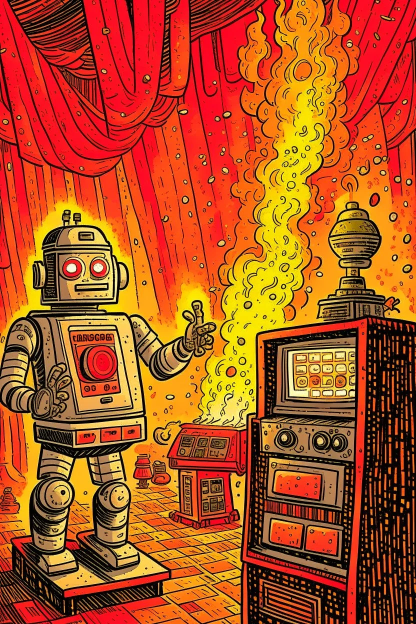 Fire starts in a radio studio, there are two characters, a metal fan radio host who continues the show, the robot sets fire.