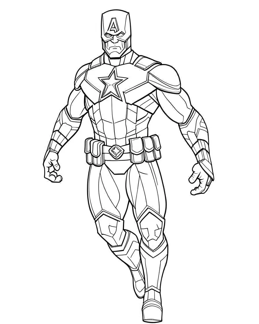 Avengers Captain America, coloring page, no leaves, full body (((((white background))))), only use an outline., real style, line art, white color, clean line art, white background, Sketch style