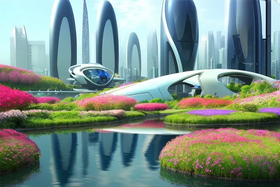 Futuristic city, people, pond, flowers