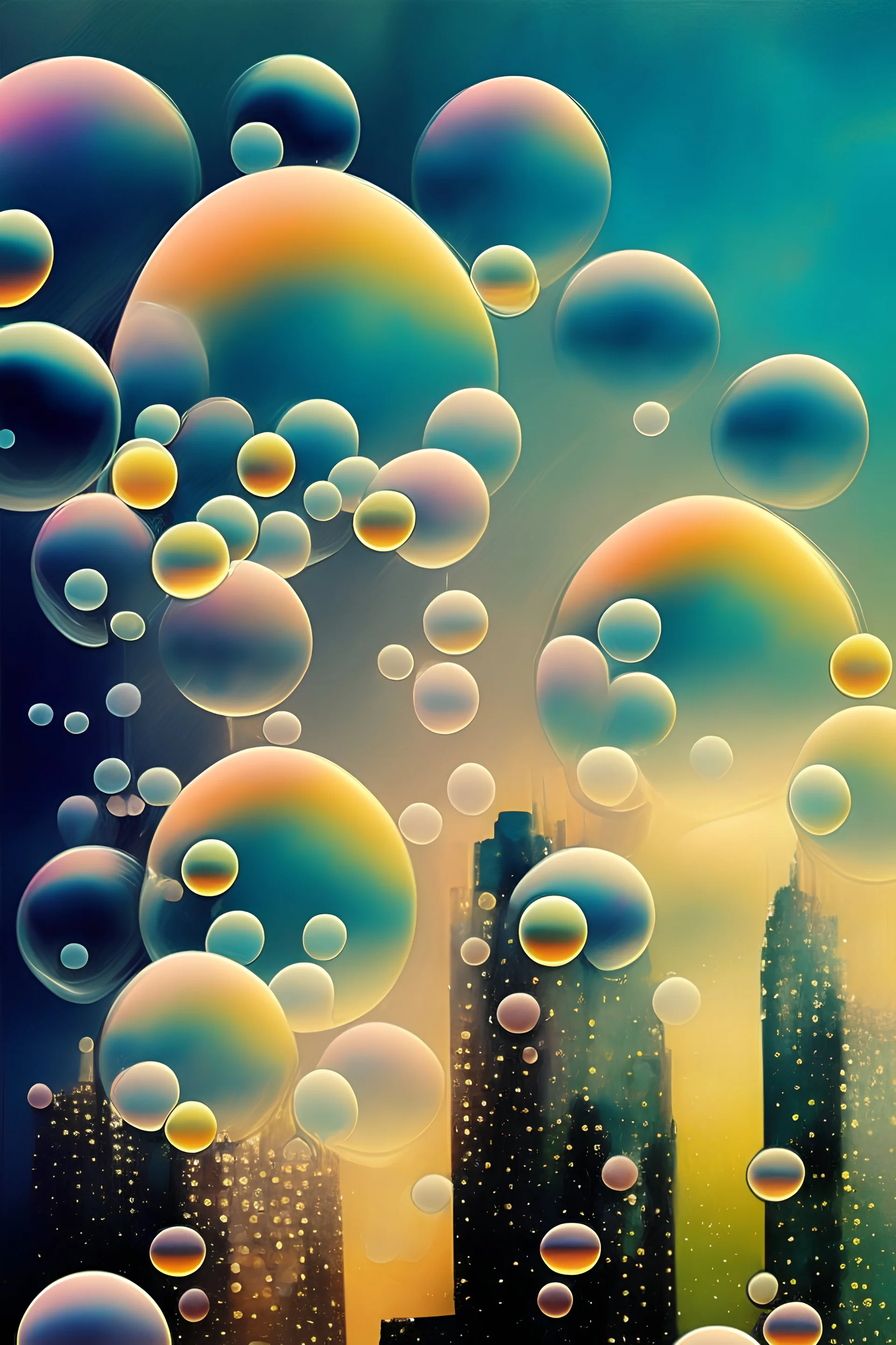 Bubbles over skyline abstract painting