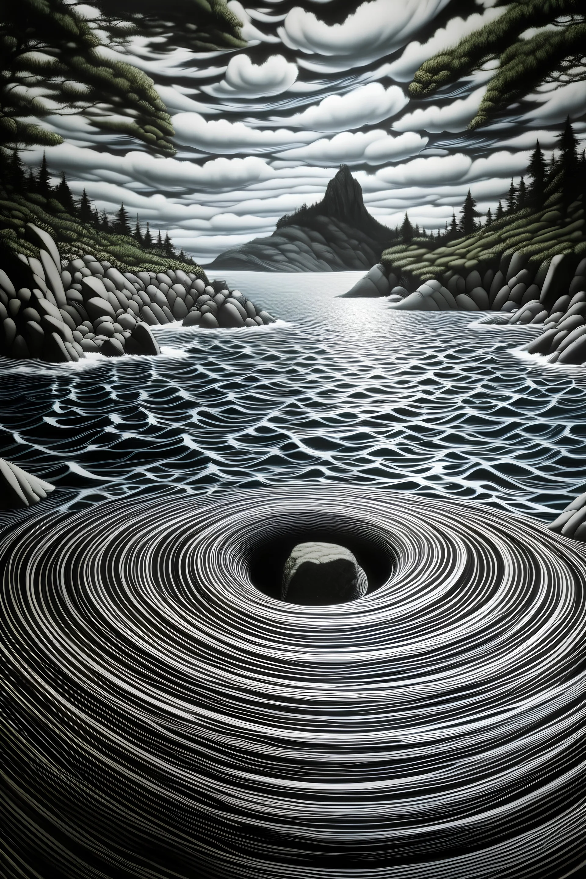 A beach near a whirlpool painted by MC Escher