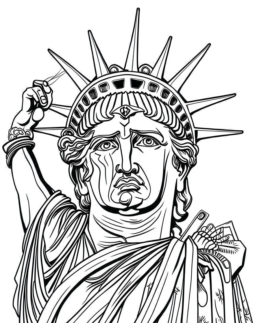 New York City Statue of Liberty Face coloring page, full body (((((white background))))), only use an outline., real style, line art, white color, clean line art, white background, Sketch style.