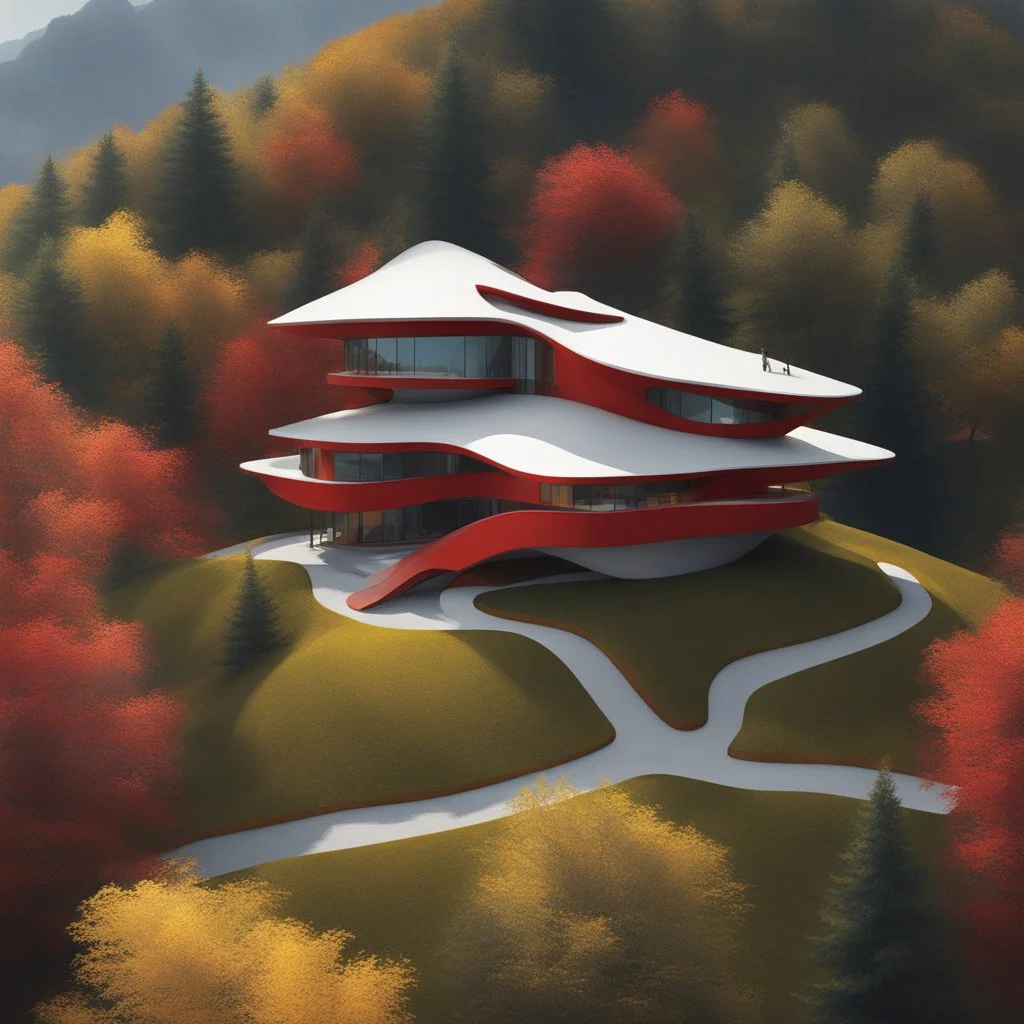 Aerial view Zaha Hadid style hill hut, trees, digital art, hyper-detailed, white, red and yellow colors, 8k oil painting