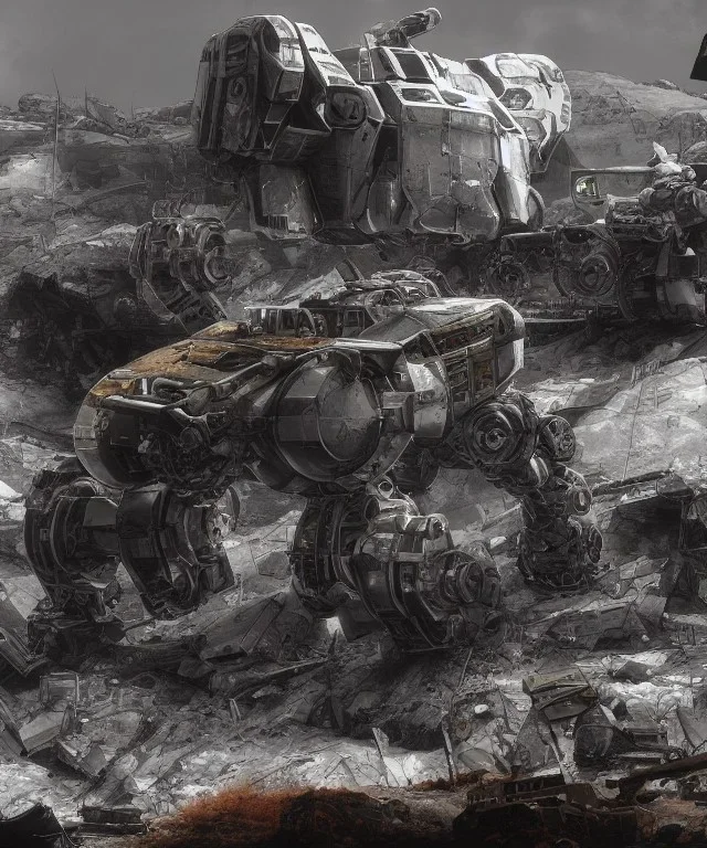 Crashed photorealistic futuristic destroyed mechanical mechwarrior abandoned wreckage in old battlefield blast crater on the lunar surface