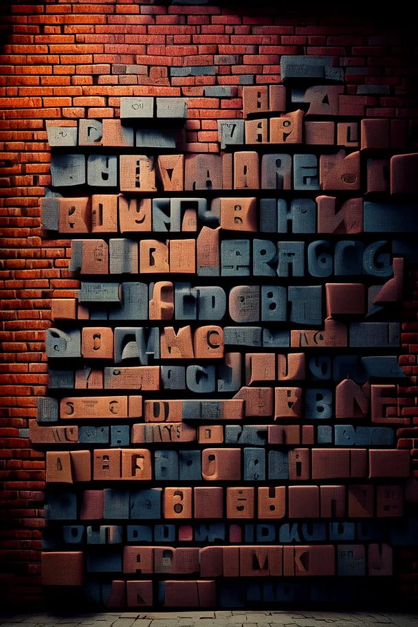 A brick wall made up of words and letters of the English alphabet, Many letters, abstraction. A high-resolution image of 8 K.