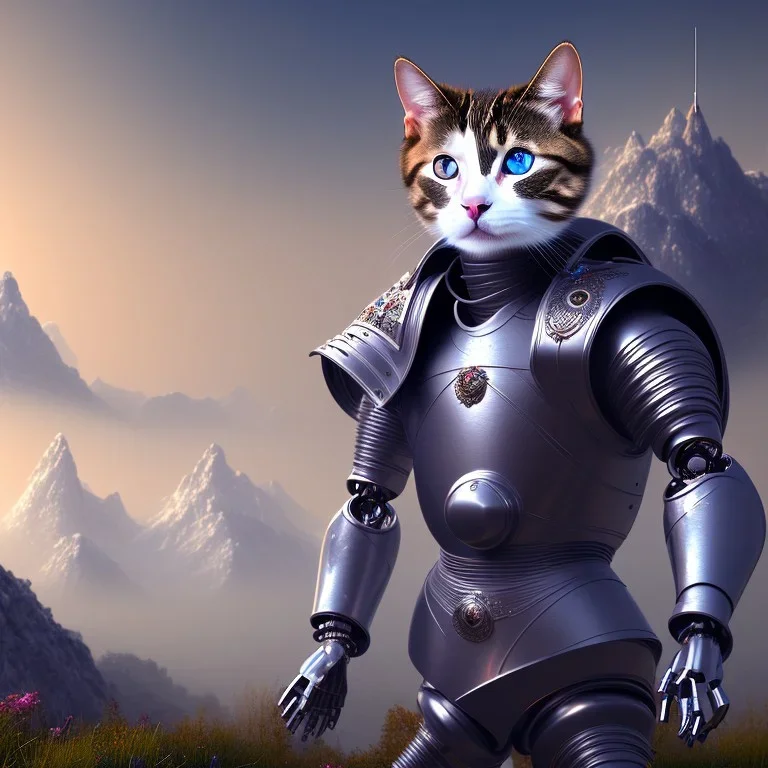 a cat-like robot with blue eyes and synthesizer wearing a medieval armor, small mountains in background, high detail, photo, 8k, ray-tracing