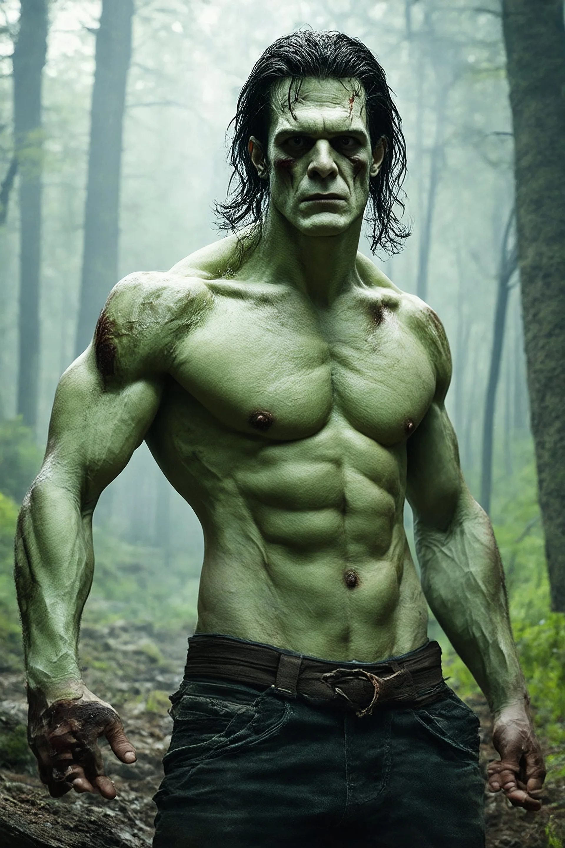 Jacob Elordi With Long hair, massive Facial scars, different colored skin, as the Frankenstein Monster from Guillermo del Toro's new Frankenstein movie, full-body portrait, ultra-detailed, ((((cinematic lighting)))), 4K resolution. ((((photorealistic)))), Towering figure, 6'5", muscular but gaunt, (((Suture Scars and patches of stitched together skin, stitched from mismatched human corpses:1.5))). Pale, cold skin with suture scars across chest, neck, and face. Asymmetrical facial structure—one e