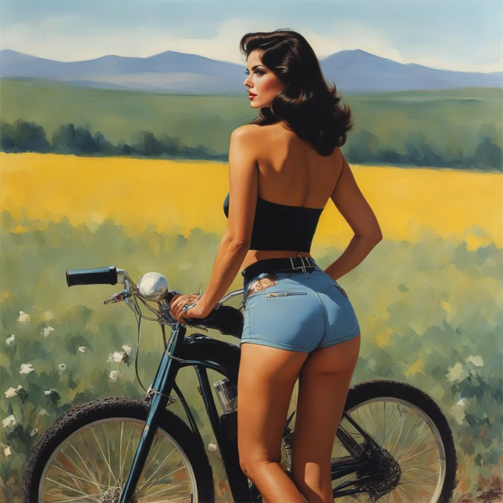 [art Russ Meyer] she is in the fields on a bike in cotton agent provocateur, she looks back over her shoulder; rear view