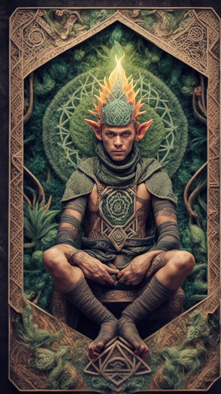 mandala style framed playing card illustration, close up portrait of an ace happy blessed ancient magical scaly slimy weird yoga elf mad max soldier posing for photo shoot on a throne, holding a burning sceptre, in a space alien mega structure with stairs and bridges woven into a sacred geometry knitted tapestry in the middle of lush magic jungle, bokeh like f/0.8, tilt-shift lens 8k, high detail, smooth render, down-light, unreal engine, prize winning