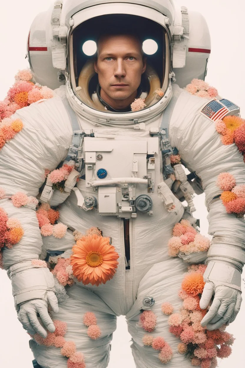 Portra 400 high dpi film scan of a NASA astronaut wearing a space suit made of millions of flowers. Editorial for NASA. floral edition