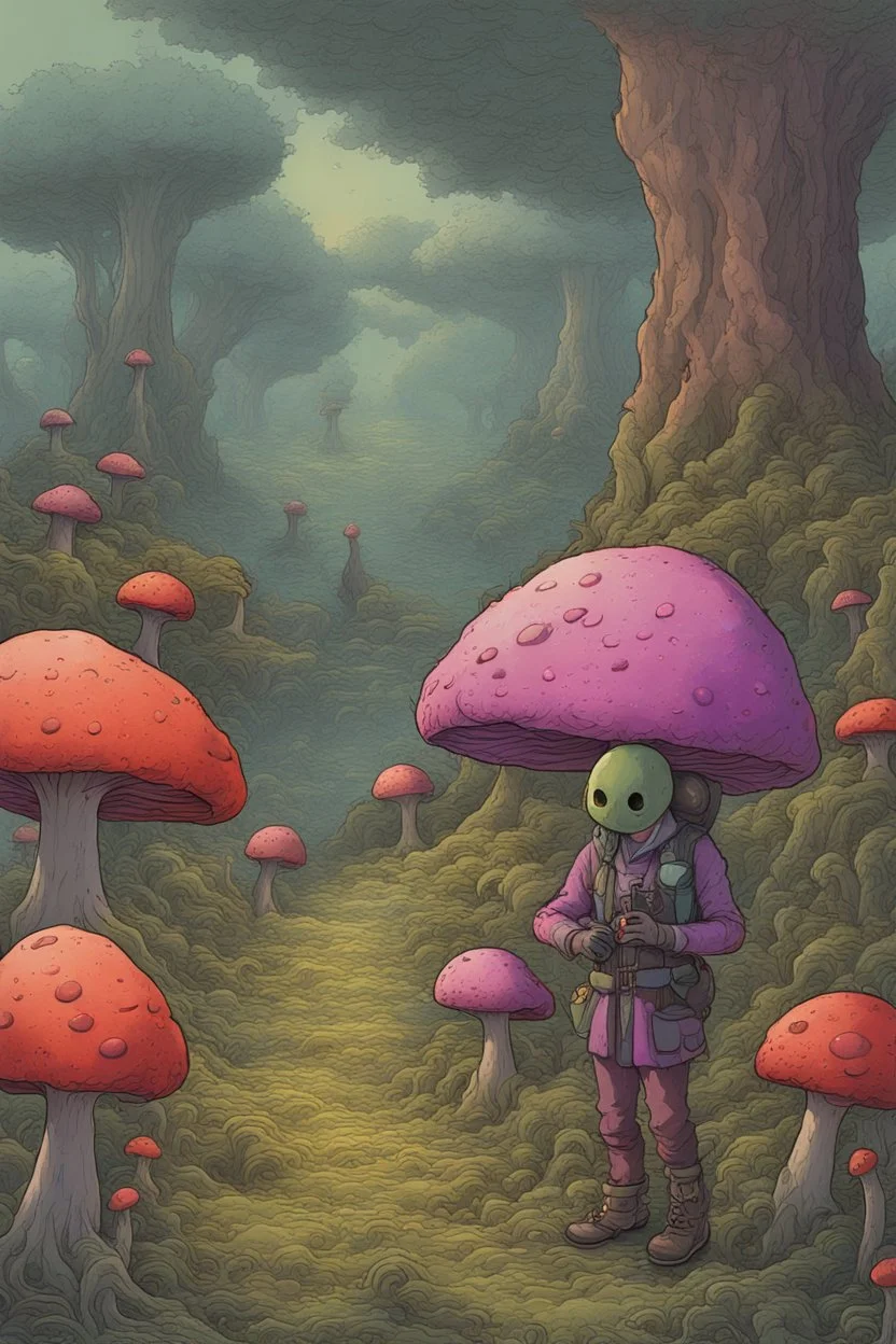 [Radiation zone] Through the thinning mist, a burst of vivid color suddenly emerged toward the center of the hellish tableau. Jess readied her binoculars, peering closer to identify the impossible sight. There, amidst the looming mushroom bulbs and seething carpets of slime, strode a solitary figure bedecked in wild patches and straps stitched in every vibrant hue. Pink and teal tresses whipped about her head like a radiation-borne corona as she recklessly guided her battered all-terrain vehicle