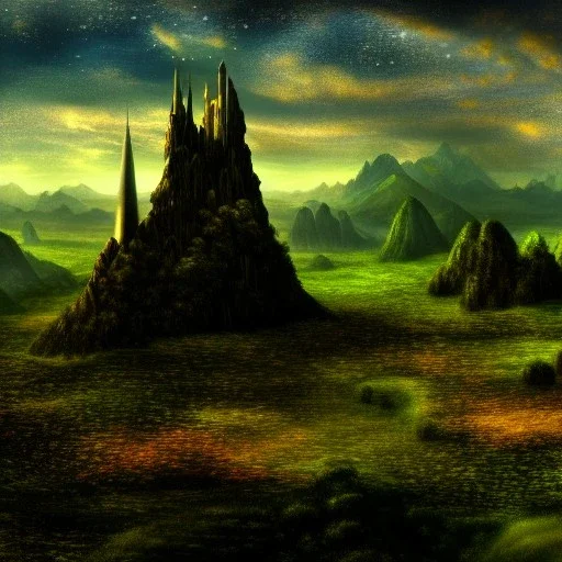 fantasy, vulcan, the shire landscape,Tower of sauron, photorealistic, 16k resolution, sharp focus, post-processing, LOTR, Van gogh Style