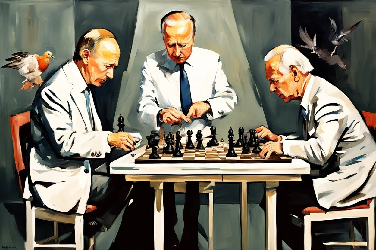 Putin, President Xi Of China And Joe Biden Play Chess With A Pigeon,Ufo And Atomic Bomb Mushroom Cloud,Complex Surgical Instruments Intermixed With A Newborn Boy,Minimalist composition,Painting By Adrian Ghenie,Rene Magritte,Pablo Picasso,Michelangelo,Salvador Dali,Lucian Freud