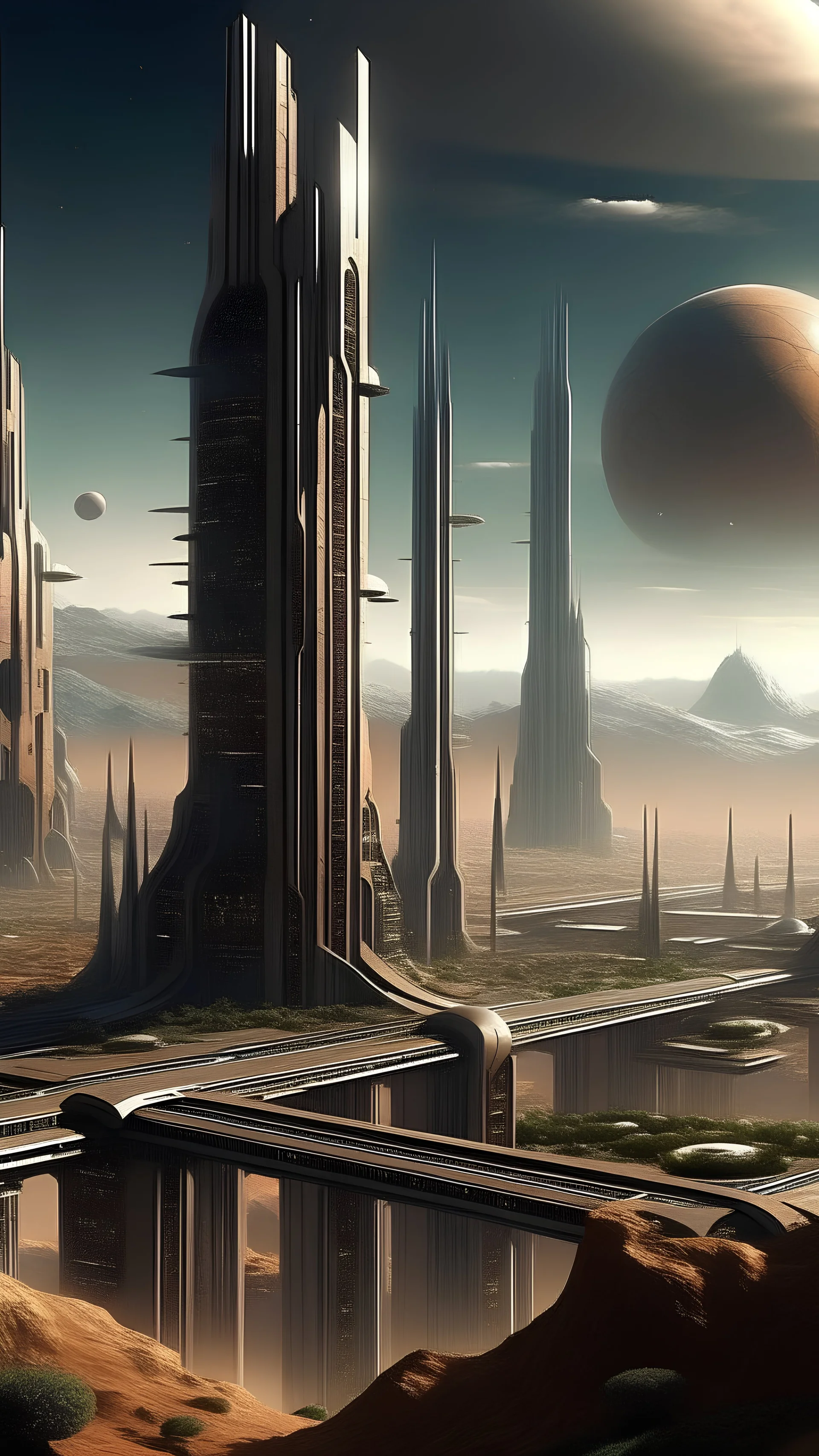 sci fi planet, tall roman buildings, city