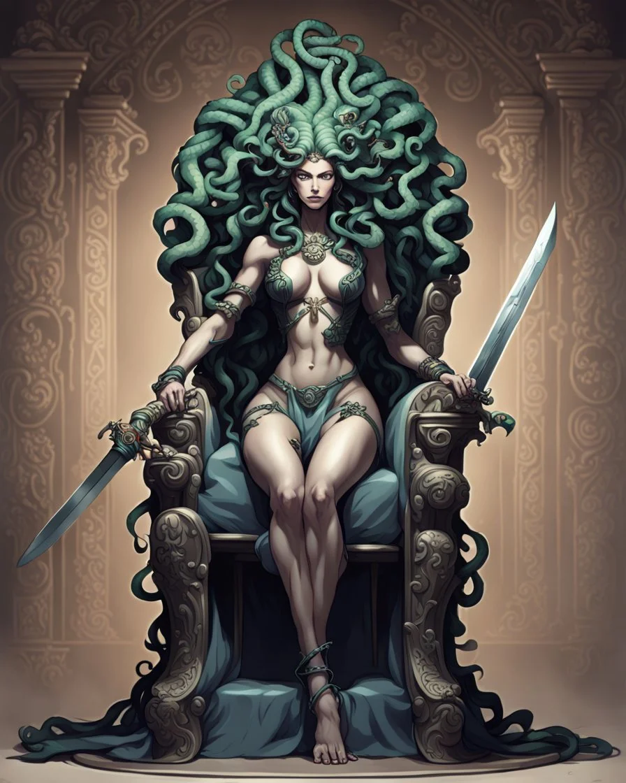 full-length, detailed persona, sword in hand, gorgon medusa, sitting on a throne in a relaxed pose