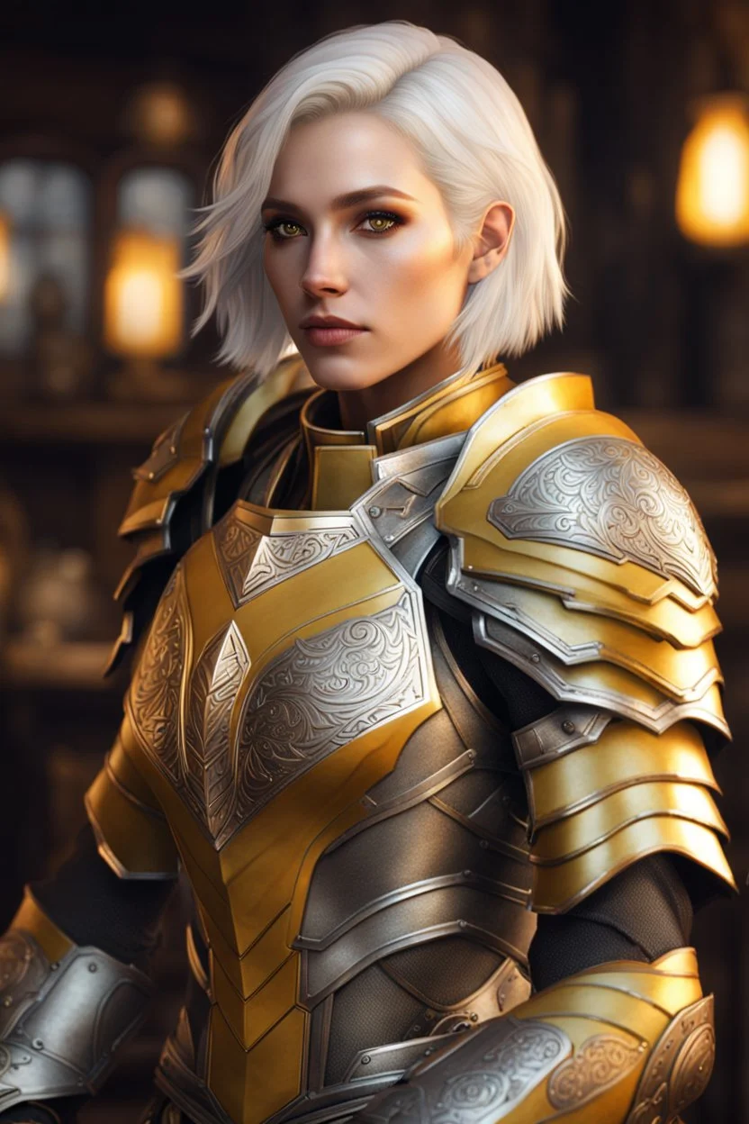 glowing yellow eyes, female paladin aasimar, platinum blonde bob hair, detailed ornamental armor, 8k, high detail,tavern background, facing viewer