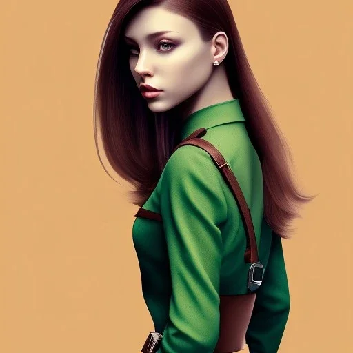 Woman with crook, back view, black trousers, green shirt, render background, brown hair