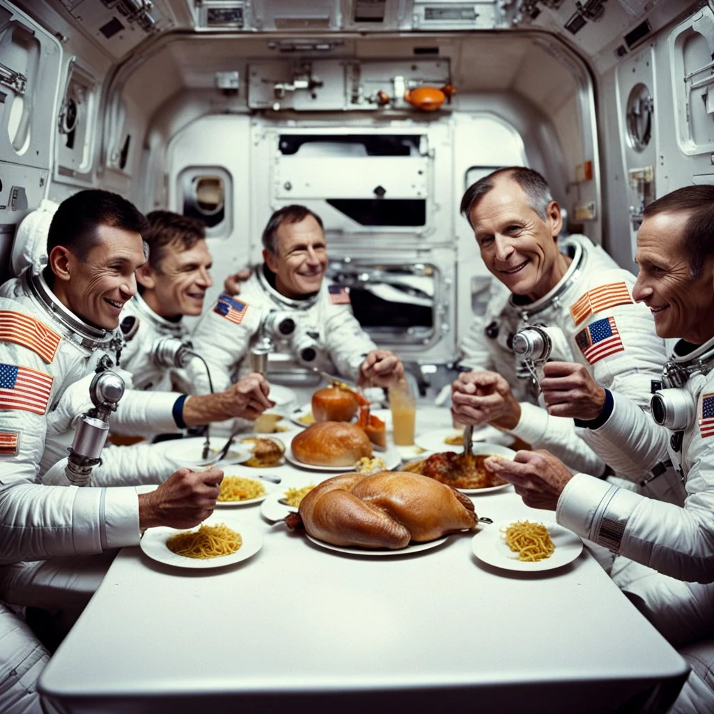 Astronauts having Thanksgiving dinner