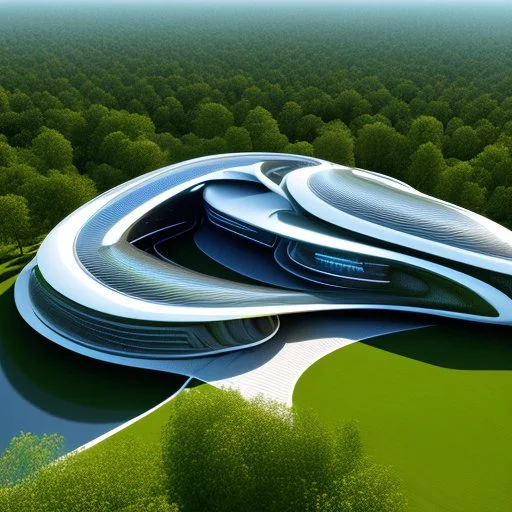 Casa campestre ecológica futurista, estilo Zaha Hadid, calidad ultra, hiperdetallada, hiperrealista, arte digital, 8k3D, vista aérea