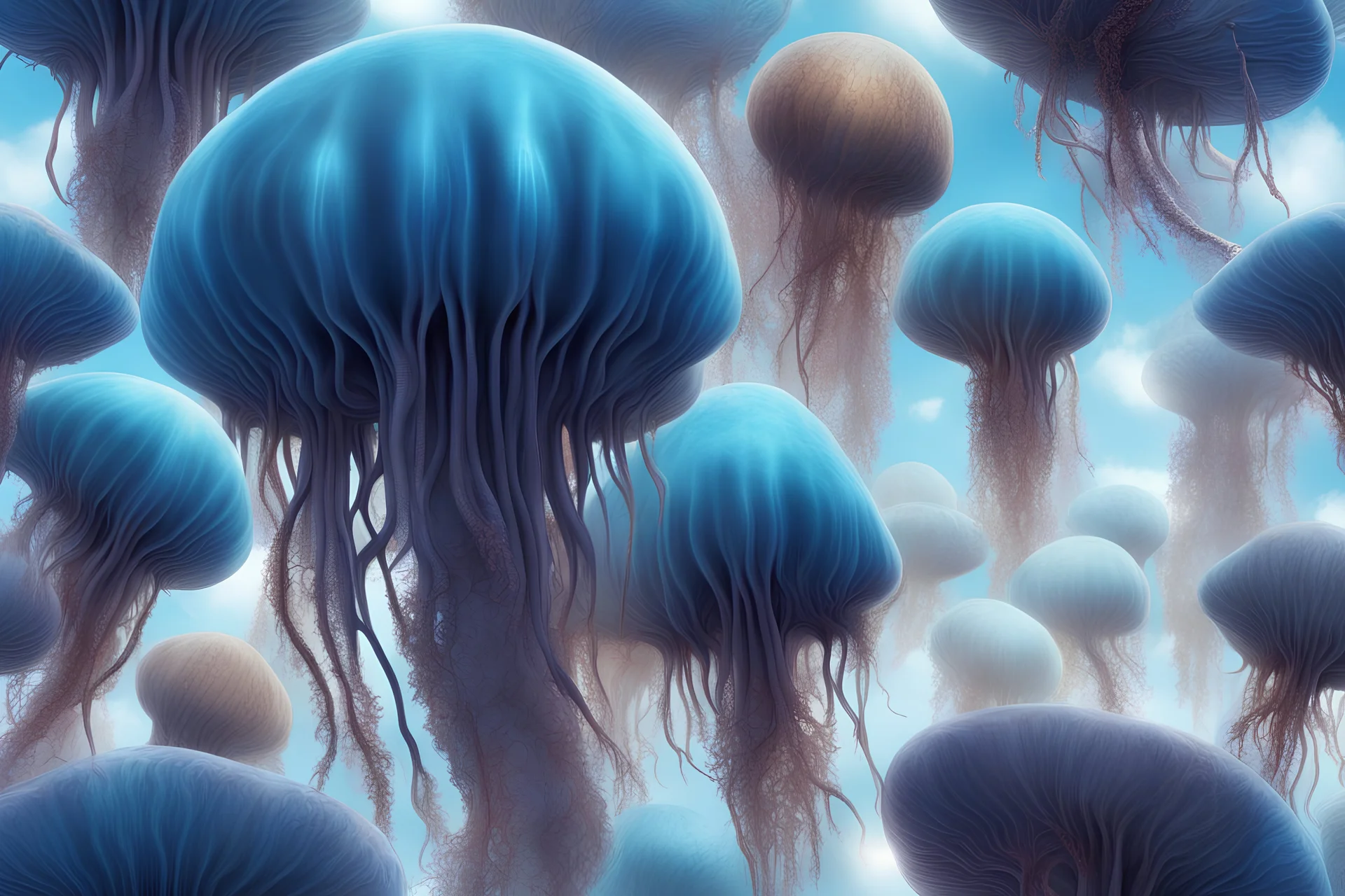 Alien jellyfish forest, photorealistic, Detailed Matte Painting, Deep Colour, Fantastical, Intricate Detail, sunshine, blue sky