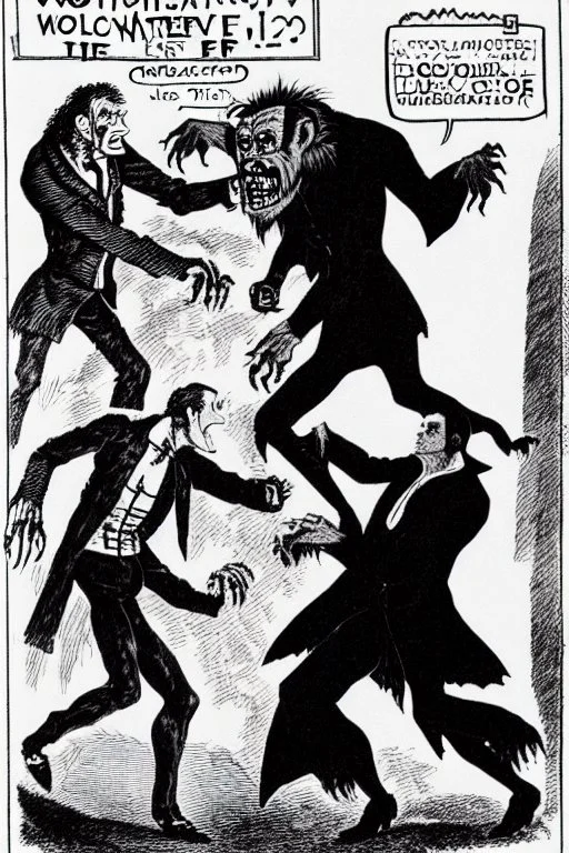 Frankenstein monster and the wolfman fighting each other as Dracula stands by and watches