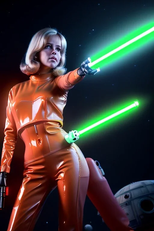 Ultra Realistic retro sci-fi portrait image from 1960, spaceship, sweet young Jane Fonda, tight latex suit, lightsaber fighting stance, soft color, highly detailed, unreal engine 5, ray tracing, RTX, lumen lighting, ultra detail, volumetric lighting, 3d, finely drawn, high definition, high resolution.