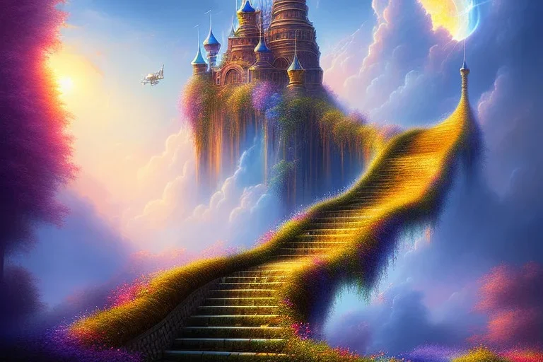 mythical long stairway up to heaven in the sky, beautiful colours, romanticism, fantasy, fine art