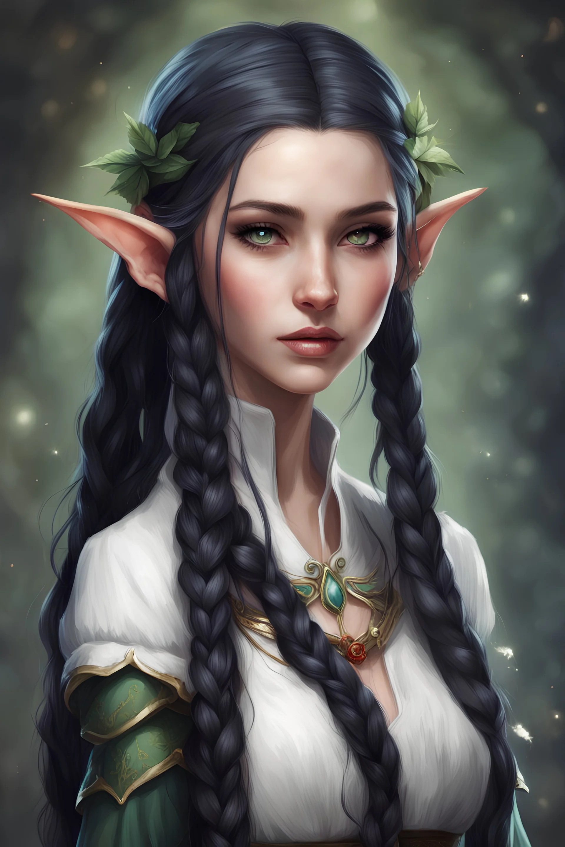 beautiful elf girl, with one long black braid, dressed in diplomatic attire