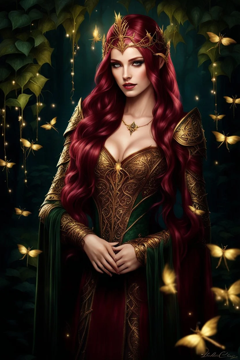 Burgundy hair, dark hair,dark red , rapunzel hair,very long hair,dark fairy princess,elven crown,night,dragonflies,beautiful,ong ashes,golden armor ,sparkle,night blooming,ivy,dark green,lilly of valley,golden elven crown,elven warrior,dark gold armor,extremely long hair