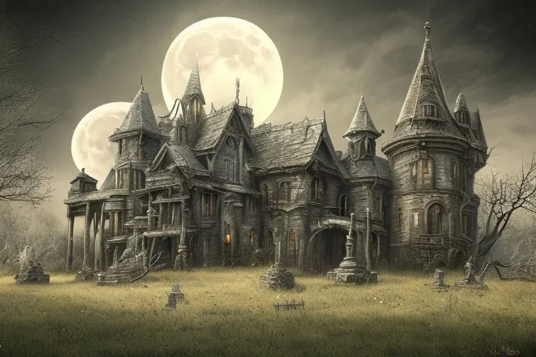 haunted house, grave yard, moon