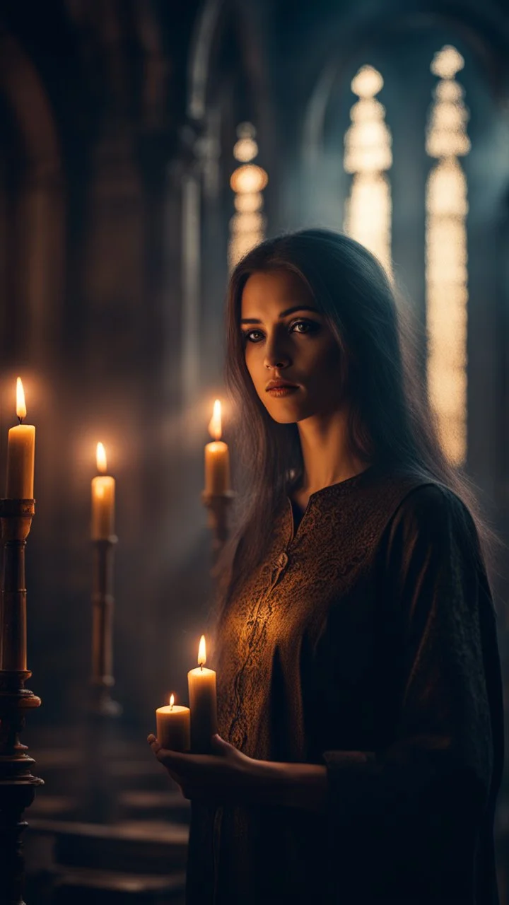 Shi Fi, a beautiful Italian woman in the church holding a candle, atmospheric lighting effects, intricate industrial details, moody atmosphere, eerie grimdark ambiance, complex motherboard accents, speculative fiction art. Bokeh