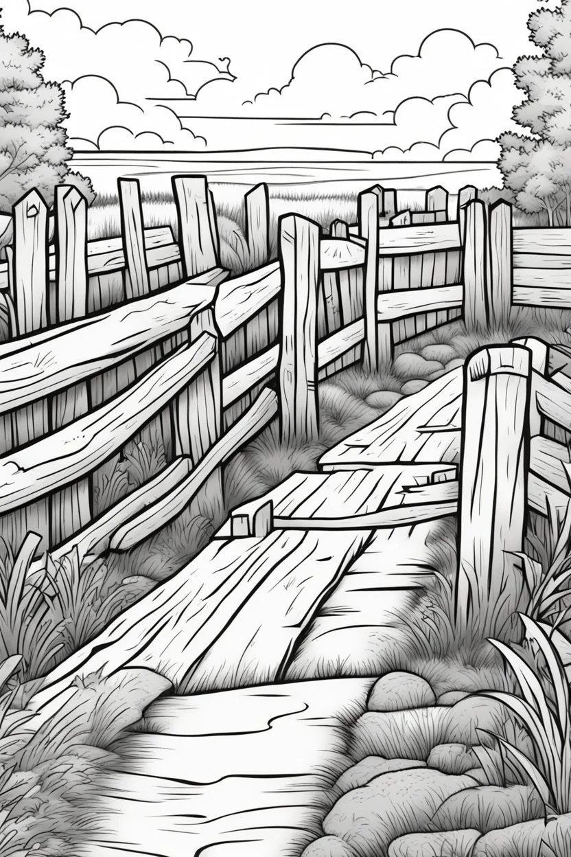 coloring page, rail fence, cartoon style, thick lines, low detail, no shading