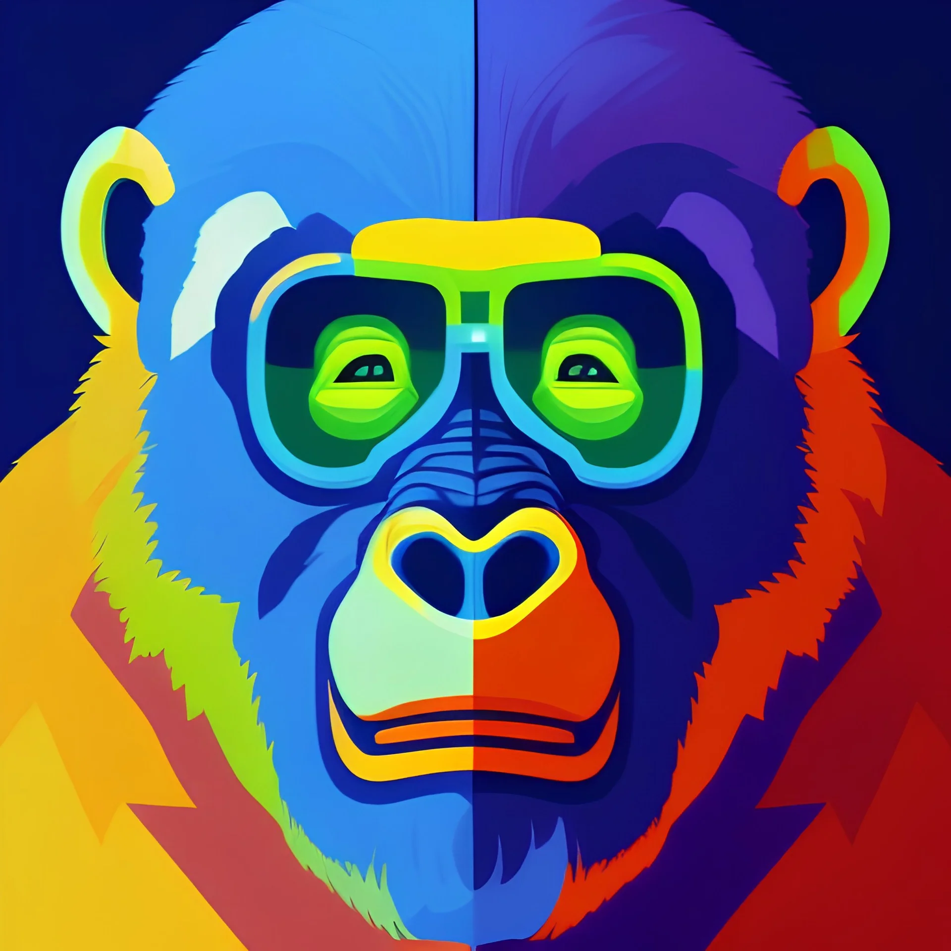 Colorful Gorilla vector, neon colors, bold colors, head shot, vibrant, 2d, 3/4 angle,