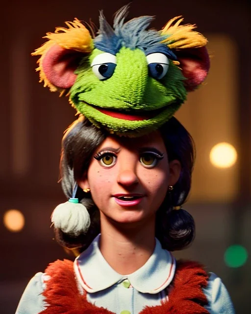 Portrait, hybrid character, waitress woman with monster muppet mask that covers her entire head, retro style, Sesame Street style, smooth, unreal engine 5, god lights, ray tracing, RTX, lumen lighting, ultra detail, volumetric lighting, 3d.