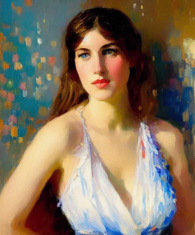 realist impressionist portrait of "The Curious Female" by Eliza Ivanova rework. Masterpiece, best quality, painted impressionist brush strokes. paint drips and drabs and splatters by and by art nouveau and richard schmid . Paint spatters, drips, drabs, dynamic, artstation, artgerm