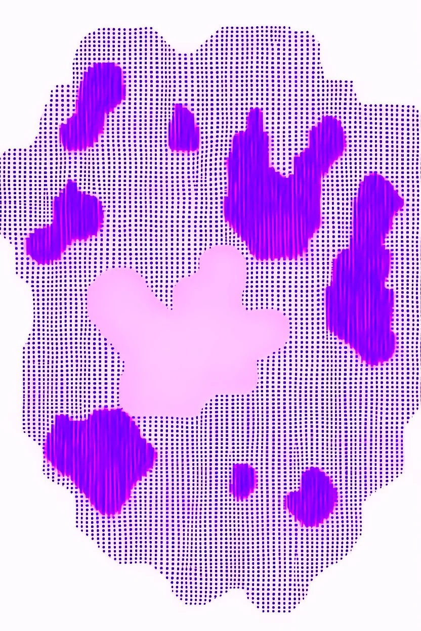 Footprint on cloud. Mosaic. Made of Ghosts. Use only white, black, and purple.