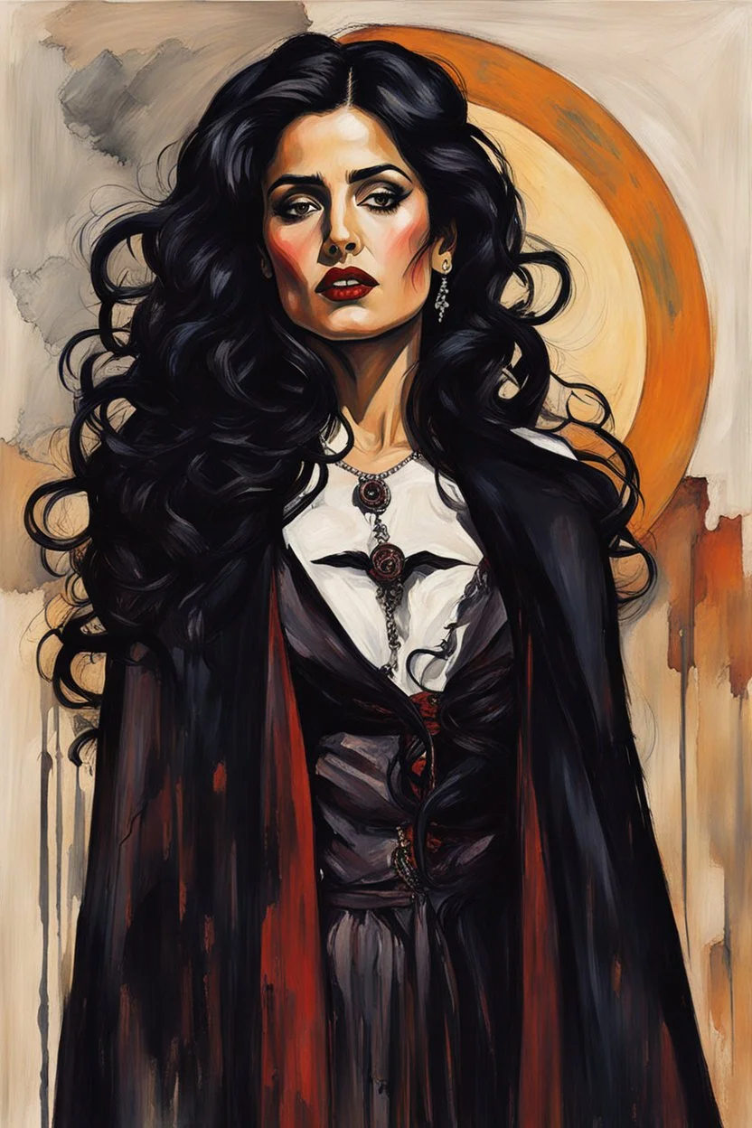 Painting of Salma Hayek as a Goth vampire girl, in the Expressionist style of Egon Schiele, Oskar Kokoschka, and Franz Marc, in muted natural colors