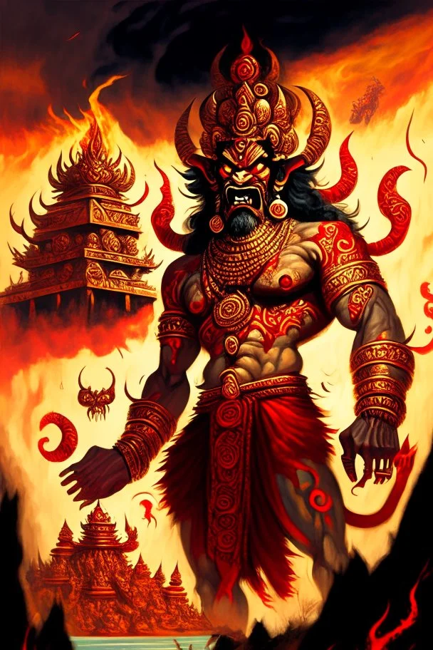 Behold the formidable and fearsome Ravana a malevolent rakshasa of the highest order reigning supreme over the mystical and enigmatic isle of Lanka with his numerous diabolical heads, looming over the fiery and chaotic landscape, the scene is depicted in a digital painting with intricate details inspired by hindu mythology and art style of raja ravi varma, with sharp focus and warm lighting, additional reference artists include sanjay patel, abhishek singh, and tracie ching. trending on artstati