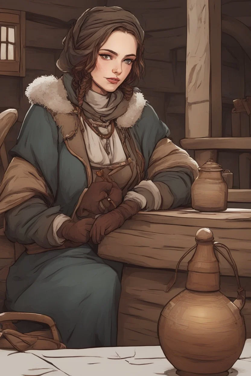 DnD style, medieval beautiful woman dressed in warm winter clothes sitting in a tavern