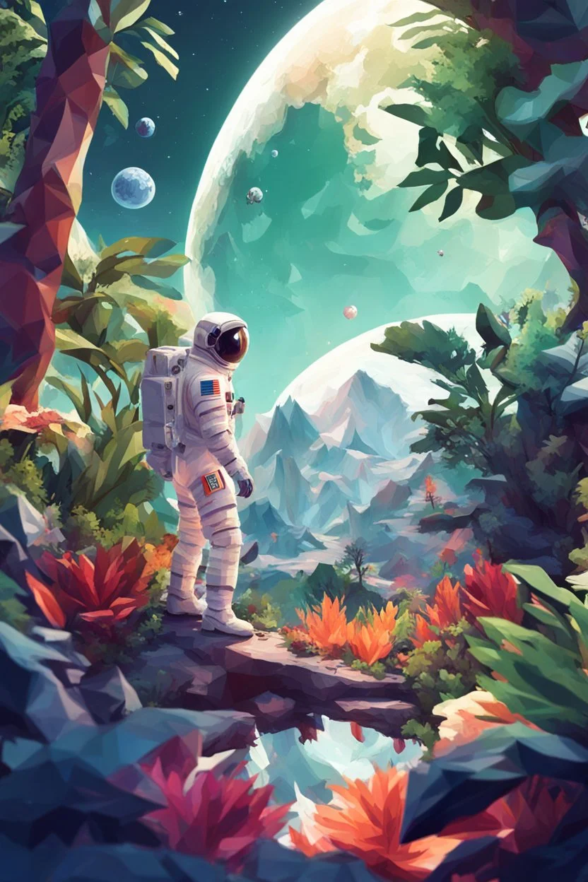 (((close midshot))), (((low poly art:2))), (astronaut), ultra-detailed illustration of an environment on a dangerous:1.2 exotic planet with plants and wild (animals:1.5), (vast open world), astronomer inspired, highest quality, no lines, no outlines candid photography.